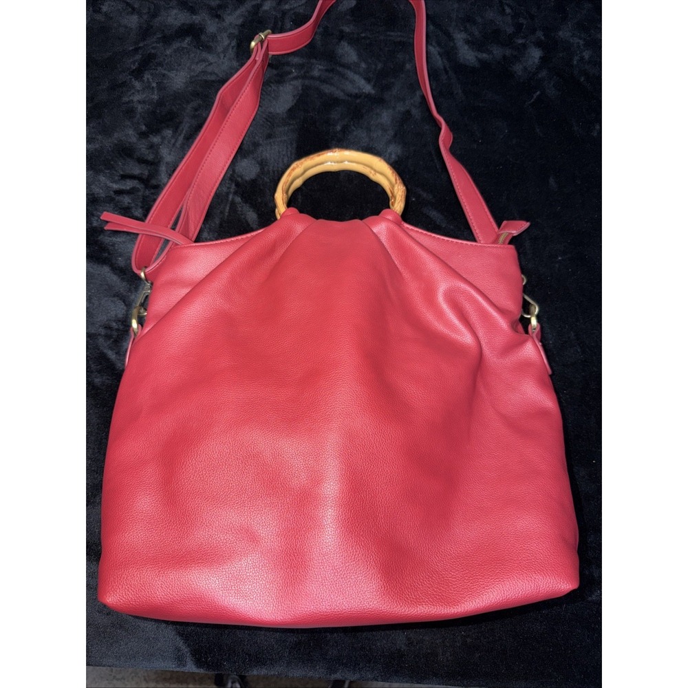 Joy Susan Classic Hobo Vegan Leather Hand Bag Or Crossbody Wooden Handles Red